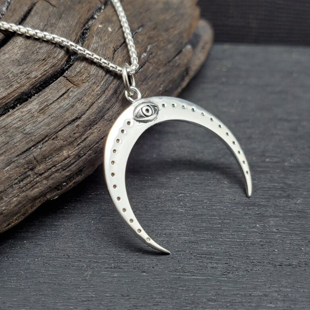 Sterling Silver All Seeing Eye Crescent Moon Charm Made From Recycled Silver Women Jewelry 316l Stainless Steel Necklace