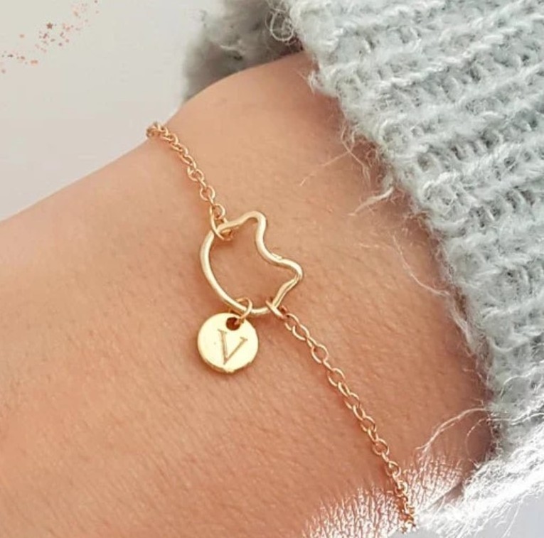 Initial Personalized Cat Bracelet Disc Necklace Monogram Jewelry Dainty Chain Customized Bracelet Sister Gift