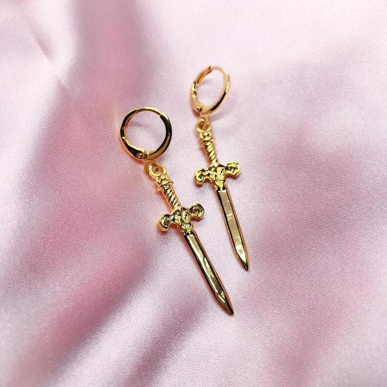 Gold Plated dagger sword earrings, Personality Charm Earrings, high polish jewelry