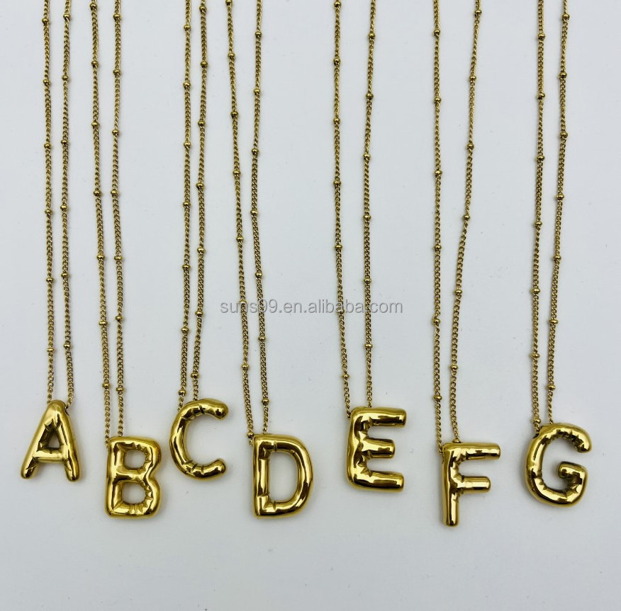 2023 Newest Design Balloon Letter Necklace With Beaded Satellite Chain, 18k Gold Stainless Steel Bubble Initial Letter Necklace