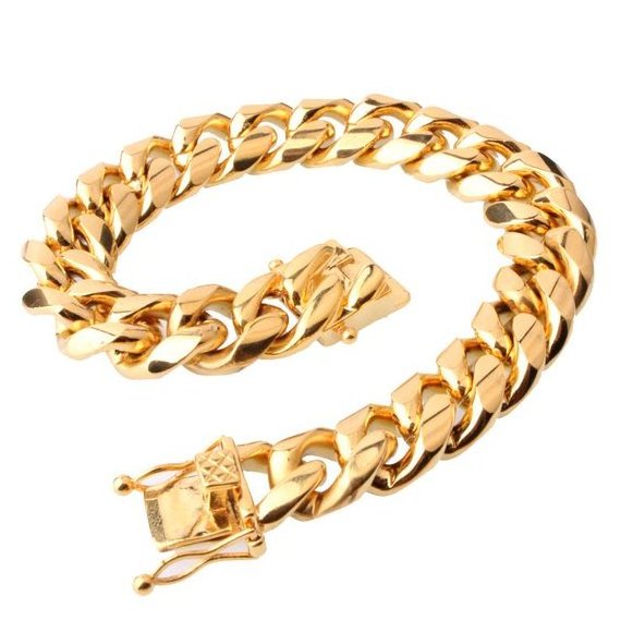 14K Gold Plated Miami Cuban Link Chain,Men's Stainless Steel length 8mm/10mm/12mm/14mm/16mm/18mm 8-9in long bracelet