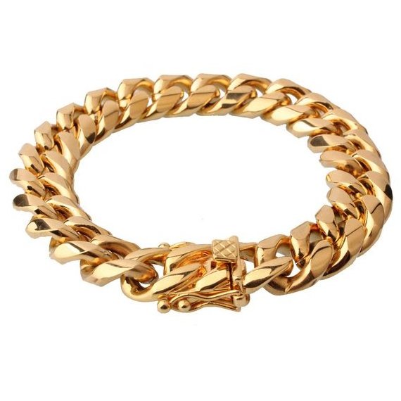 14K Gold Plated Miami Cuban Link Chain,Men's Stainless Steel length 8mm/10mm/12mm/14mm/16mm/18mm 8-9in long bracelet