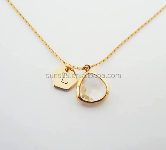 Gold Plated Stainless Steel Personalized Initial Necklace, Glass Fancy Pendant Necklace