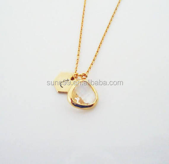 Gold Plated Stainless Steel Personalized Initial Necklace, Glass Fancy Pendant Necklace