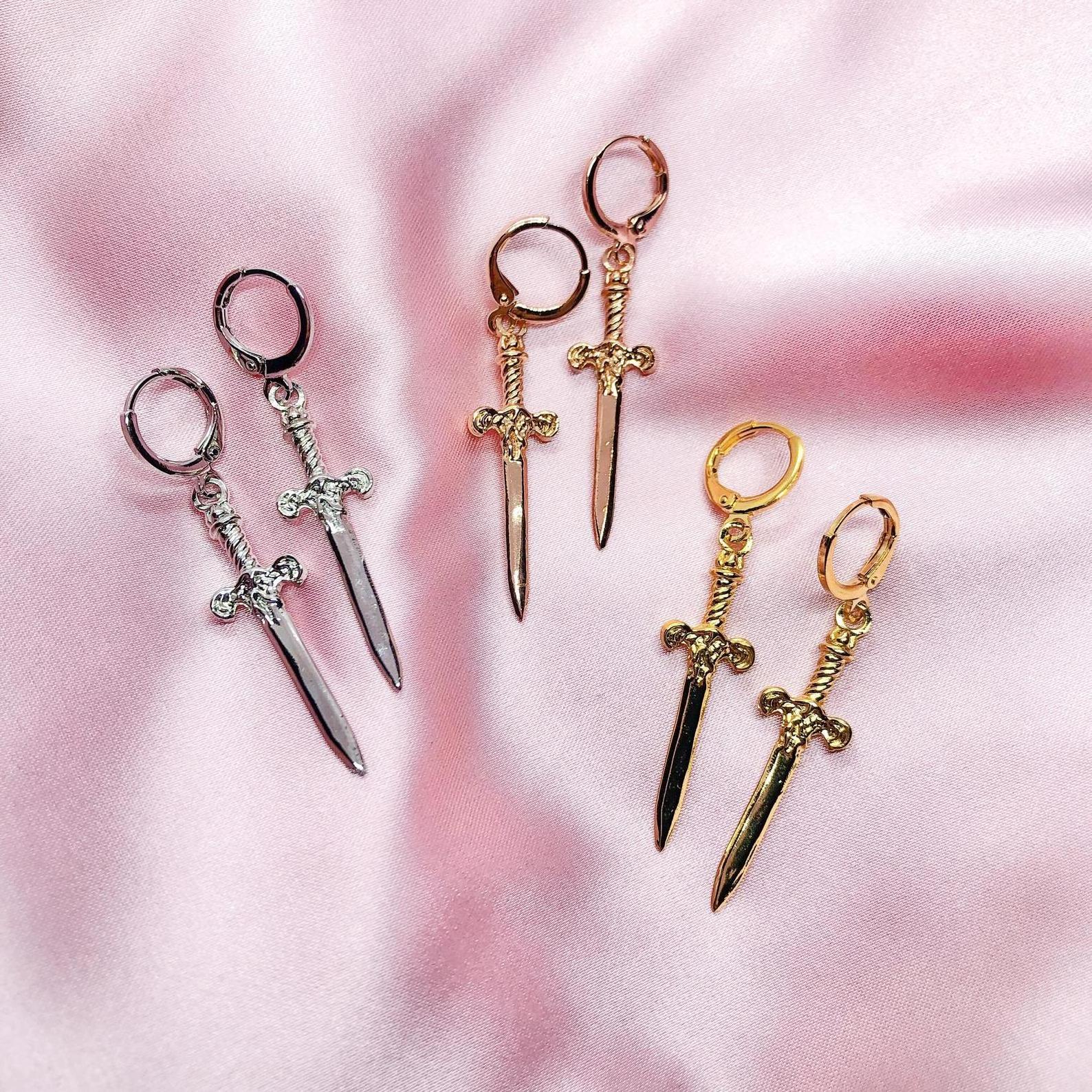 Gold Plated dagger sword earrings, Personality Charm Earrings, high polish jewelry