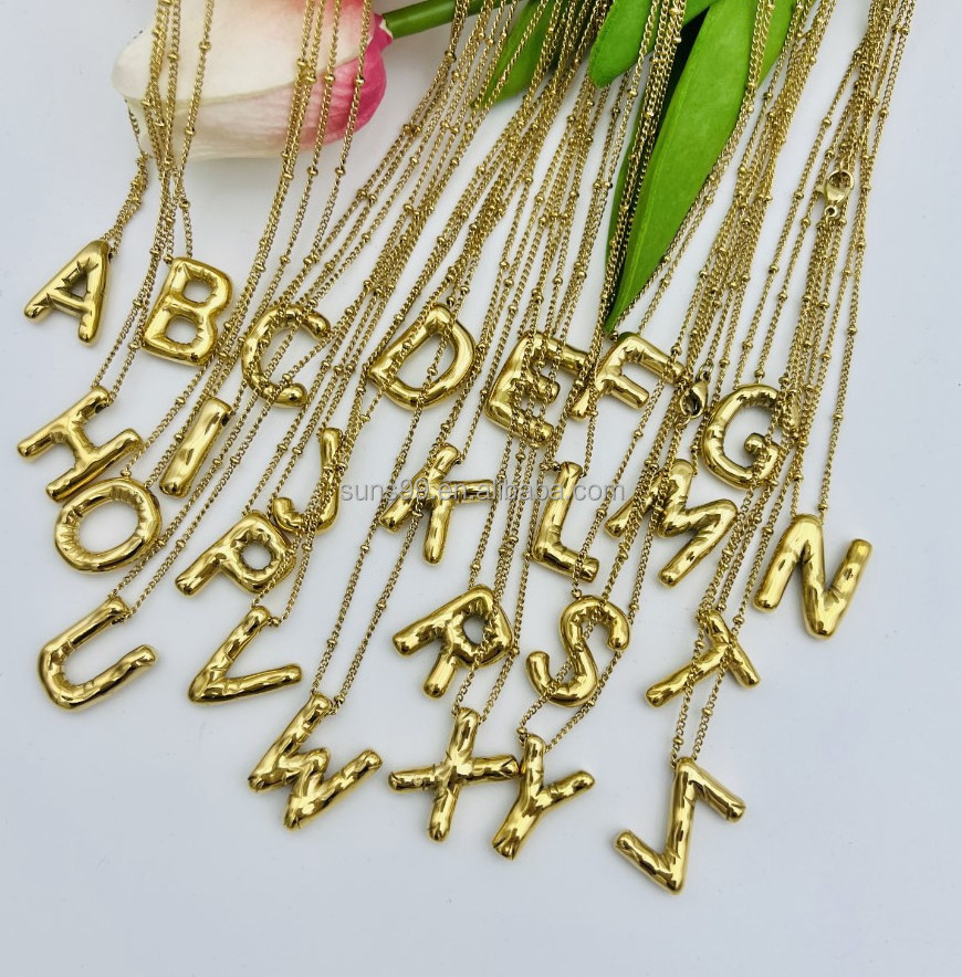 2023 Newest Design Balloon Letter Necklace With Beaded Satellite Chain, 18k Gold Stainless Steel Bubble Initial Letter Necklace