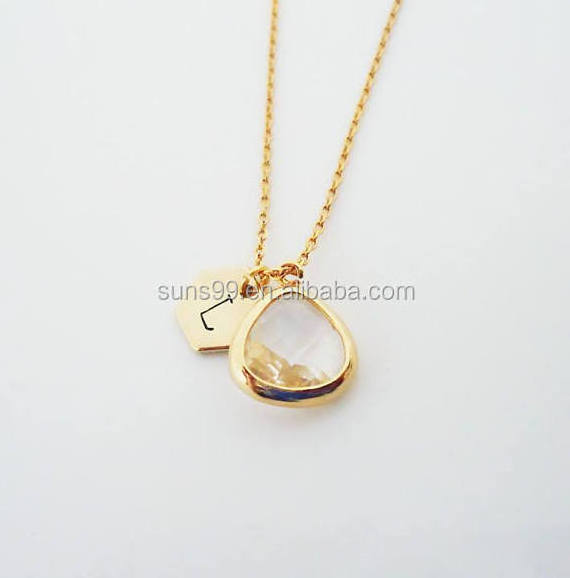 Gold Plated Stainless Steel Personalized Initial Necklace, Glass Fancy Pendant Necklace