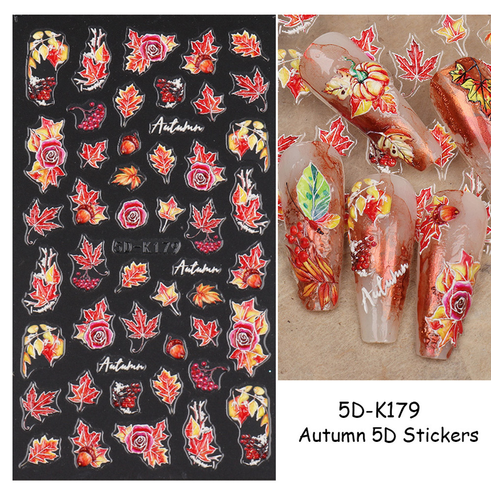 5D Autumn Nail Stickers Maple Leaf Fall Inspired Nails Design Pumpkin Wing Decals Thanksgiving Manicure Sliders Tattoo Wraps