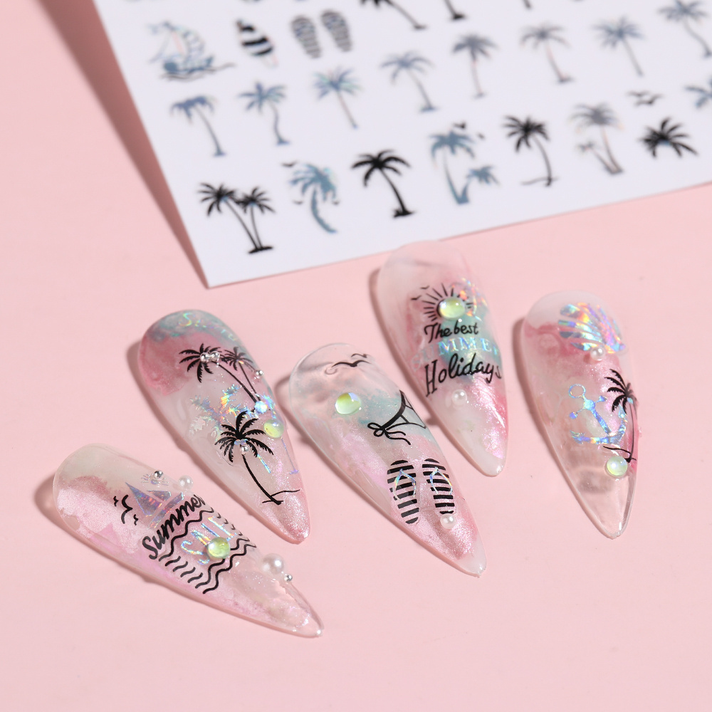 3D Nail Stickers holographic Leaf Abstract Line Pattern Self-Adhesive Slider Nail Art Decorations Leaf Love Heart Nail Decals