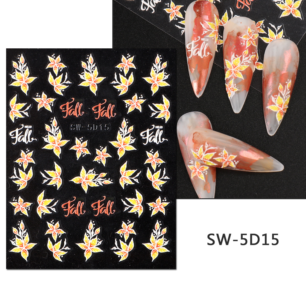 5D Autumn Nail Stickers Maple Leaf Fall Inspired Nails Design Pumpkin Wing Decals Thanksgiving Manicure Sliders Tattoo Wraps