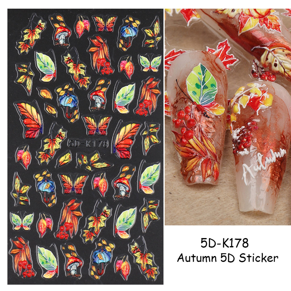 5D Autumn Nail Stickers Maple Leaf Fall Inspired Nails Design Pumpkin Wing Decals Thanksgiving Manicure Sliders Tattoo Wraps