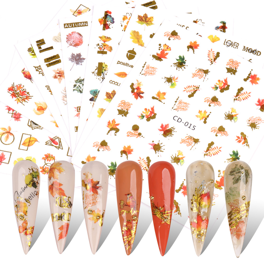 Autumn Maple Leaf Nail art Stickers for Manicure Holographic Gold Yellow Falls Nail Stickers Decals 3D Full Nail Decor Sliders