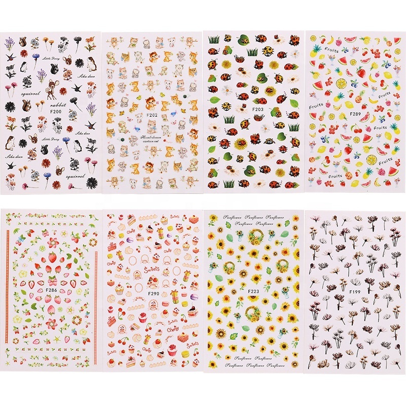 1pc 3D Nail Sticker Animal Flower Fruits Panda Deer Bell Slider Adhesive Nail Decoration Manicure Sticker Wholesale