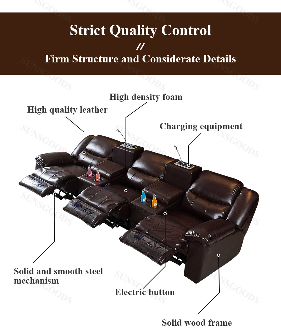 Modern Home Cinema Theatre Black Leather 3 Seater Recliner Sofa Upholstered Comfortable Living Room Recliner