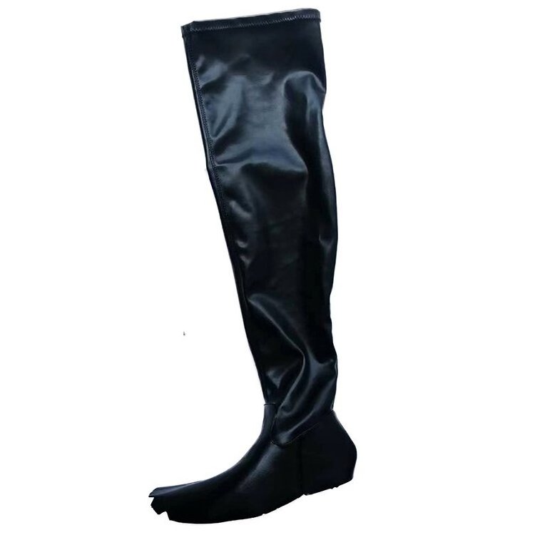 Hot sell Women Thigh High Stretch Boots Flat Heels Thigh High Black Soft PU Leather Lady Long Heeled Boots upper