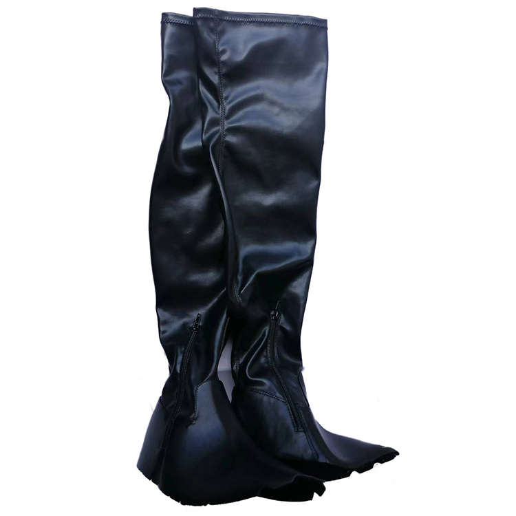 Hot sell Women Thigh High Stretch Boots Flat Heels Thigh High Black Soft PU Leather Lady Long Heeled Boots upper