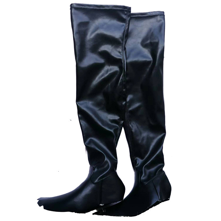 Hot sell Women Thigh High Stretch Boots Flat Heels Thigh High Black Soft PU Leather Lady Long Heeled Boots upper