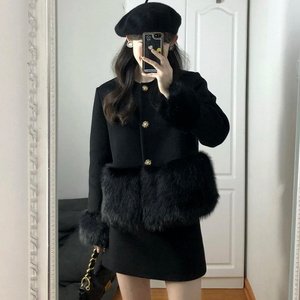 Hot selling 2024 Winter Elegant and Elegant Style Black Retro Heavy Industry Fur Edge Spliced Woolen Half Skirt Two Piece Set