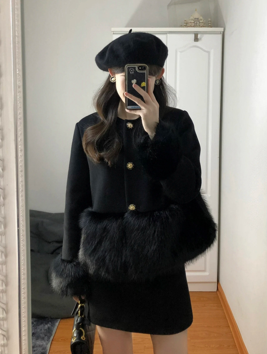 Hot selling 2024 Winter Elegant and Elegant Style Black Retro Heavy Industry Fur Edge Spliced Woolen Half Skirt Two Piece Set