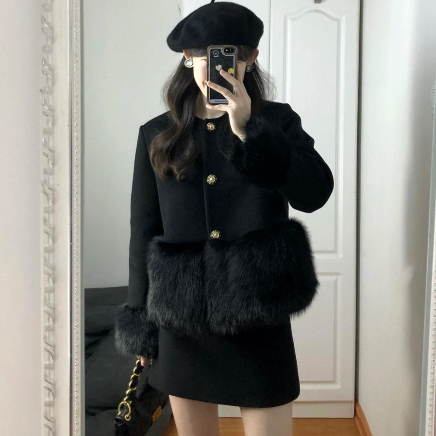 Hot selling 2024 Winter Elegant and Elegant Style Black Retro Heavy Industry Fur Edge Spliced Woolen Half Skirt Two Piece Set