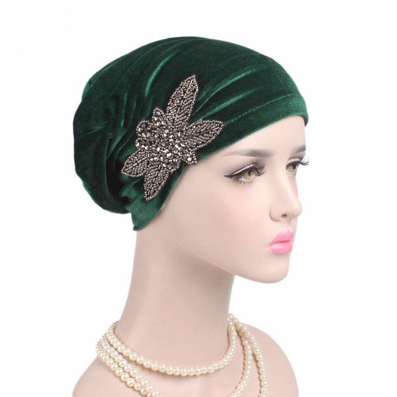 India Cap Ladies Velvet Hat Beanie Skullies Turban Chemo Cap with Beads Flower Headwear Hat Inner Elegant Muslim Hijab Women Hat