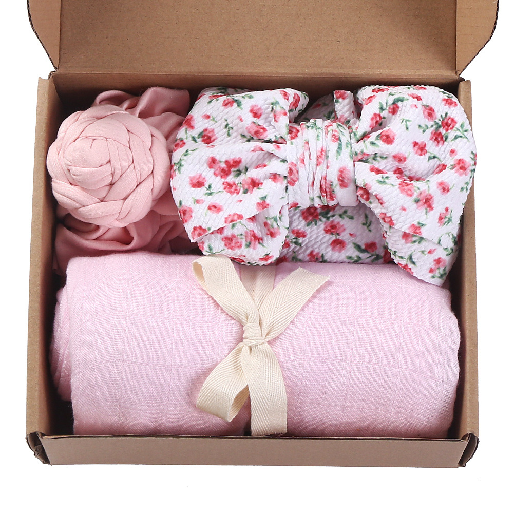 Children Fashion Brand Newborn Blankets 3Pcs Bamboo Cotton Baby Receiving Blanket+Nylon Headband+Knit Cap Suitable 0-2 Years