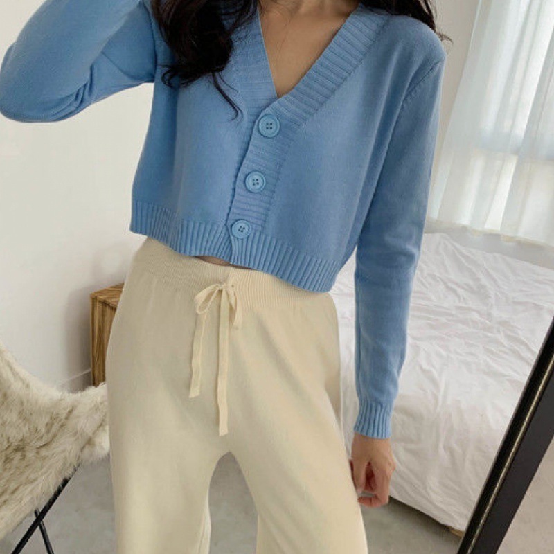 Knitted Crop Cardigan New 2021 Tops Women Korean Short Sweater Long sleeve V neck Green Blue