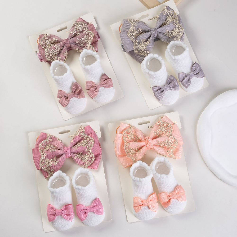 3Pcs/Set Leg Ruffled Cotton Baby Girls Kids Ribbon Bows Socks with Vintage Lace Toddlers Hair Headband