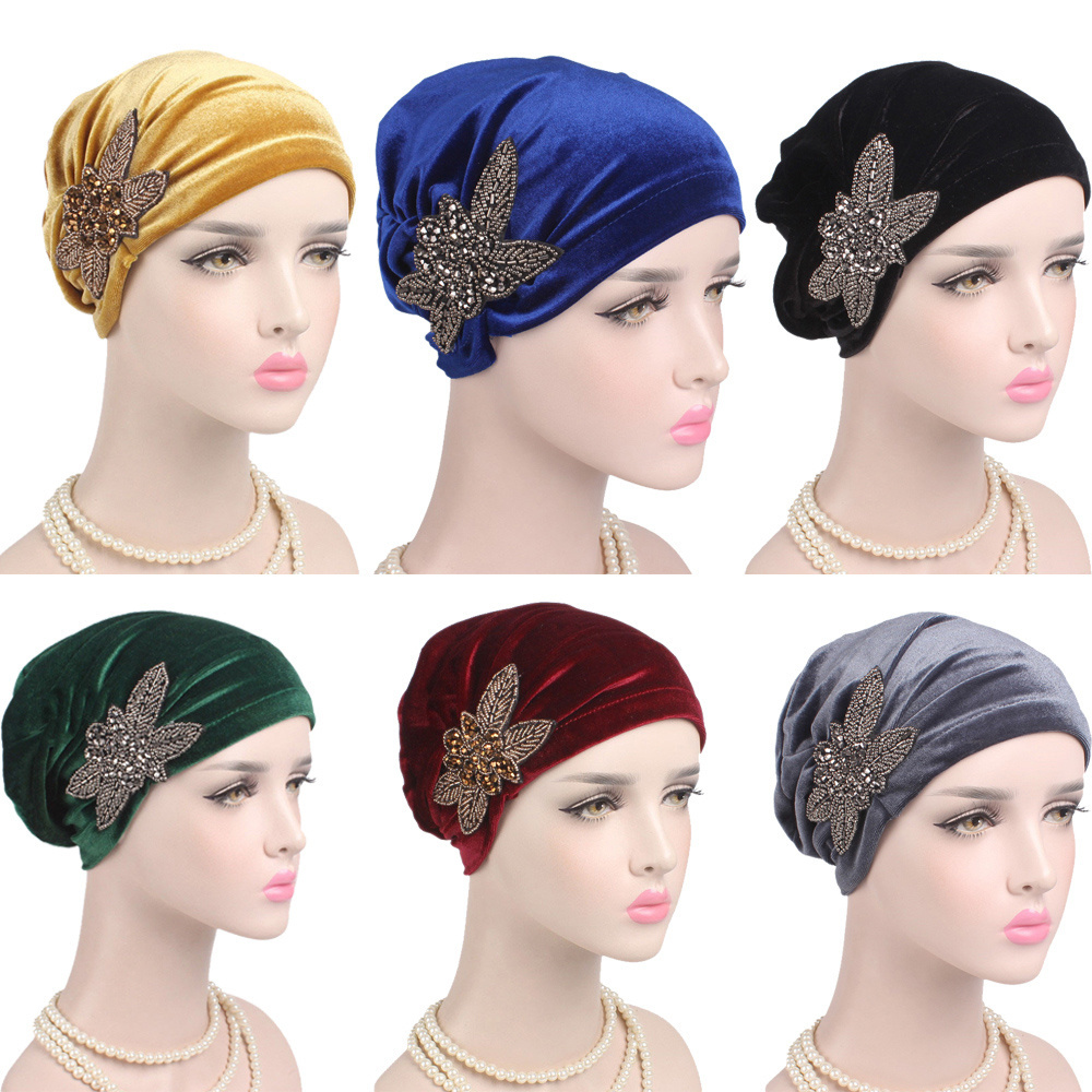 India Cap Ladies Velvet Hat Beanie Skullies Turban Chemo Cap with Beads Flower Headwear Hat Inner Elegant Muslim Hijab Women Hat