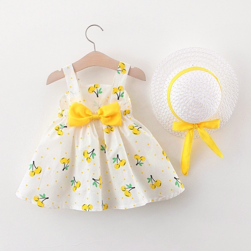 New Arrive Baby Girl Cherry Bow Dress Summer Princess Bow Hat Outfits Baby Girl Dress Princess Kids Clothes Wholesale