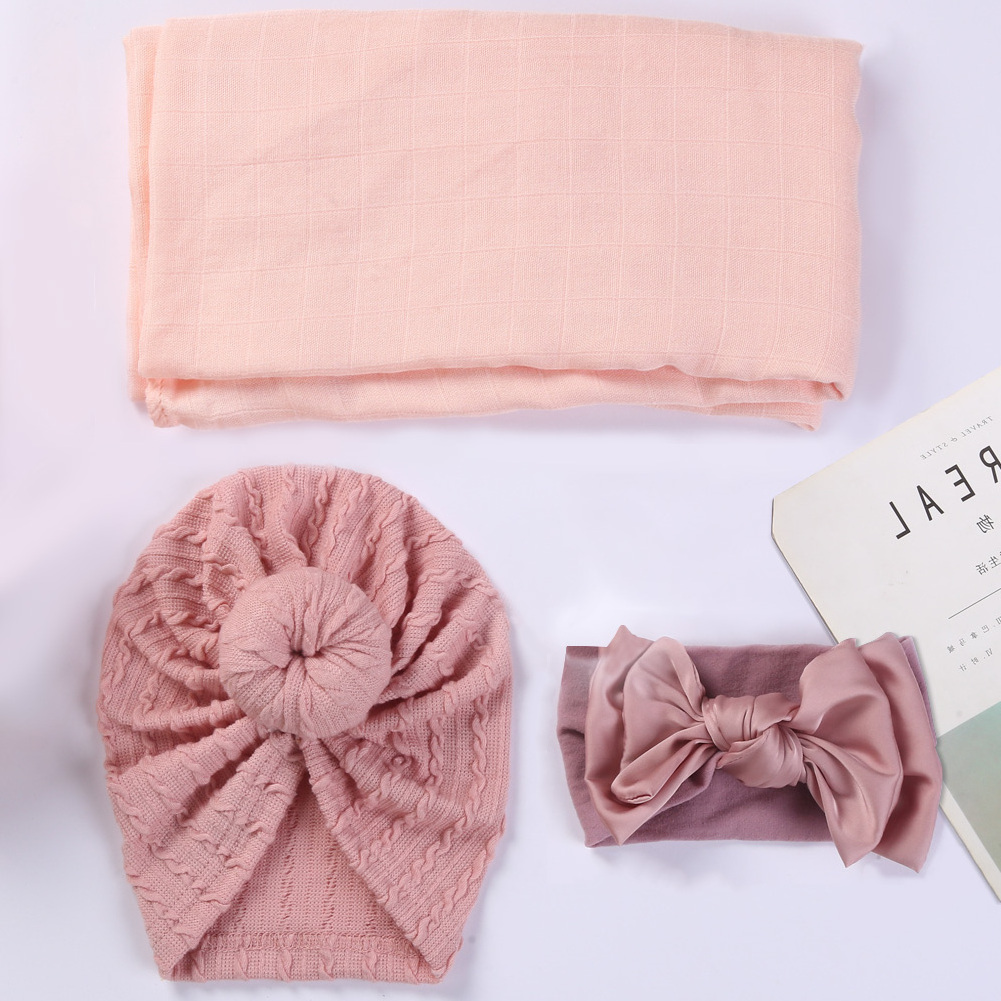 Children Fashion Brand Newborn Blankets 3Pcs Bamboo Cotton Baby Receiving Blanket+Nylon Headband+Knit Cap Suitable 0-2 Years