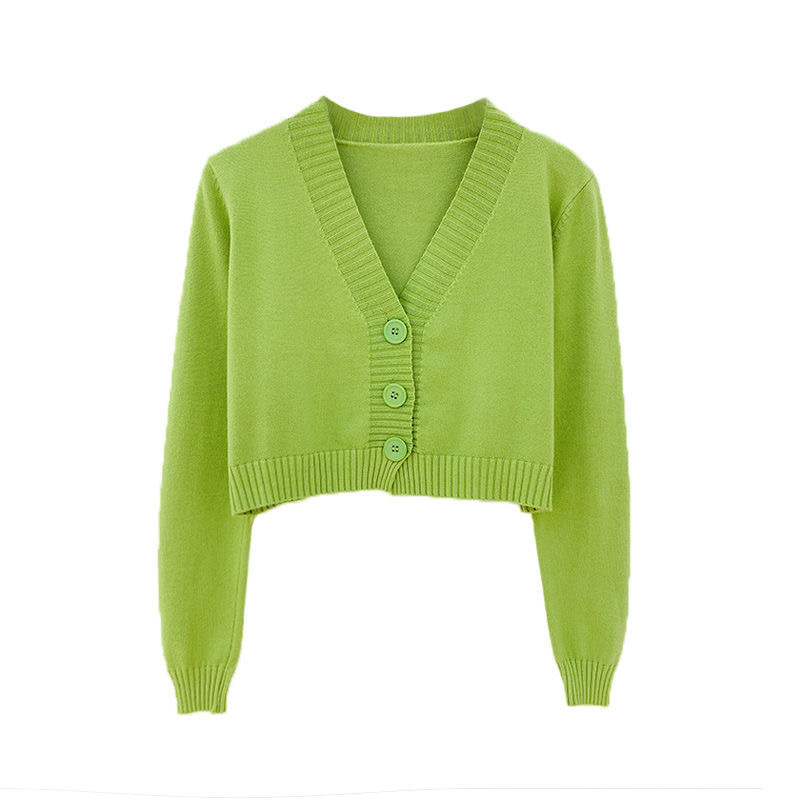 Knitted Crop Cardigan New 2021 Tops Women Korean Short Sweater Long sleeve V neck Green Blue