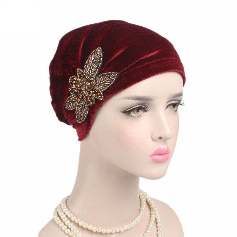 India Cap Ladies Velvet Hat Beanie Skullies Turban Chemo Cap with Beads Flower Headwear Hat Inner Elegant Muslim Hijab Women Hat