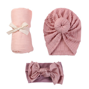 Children Fashion Brand Newborn Blankets 3Pcs Bamboo Cotton Baby Receiving Blanket+Nylon Headband+Knit Cap Suitable 0-2 Years