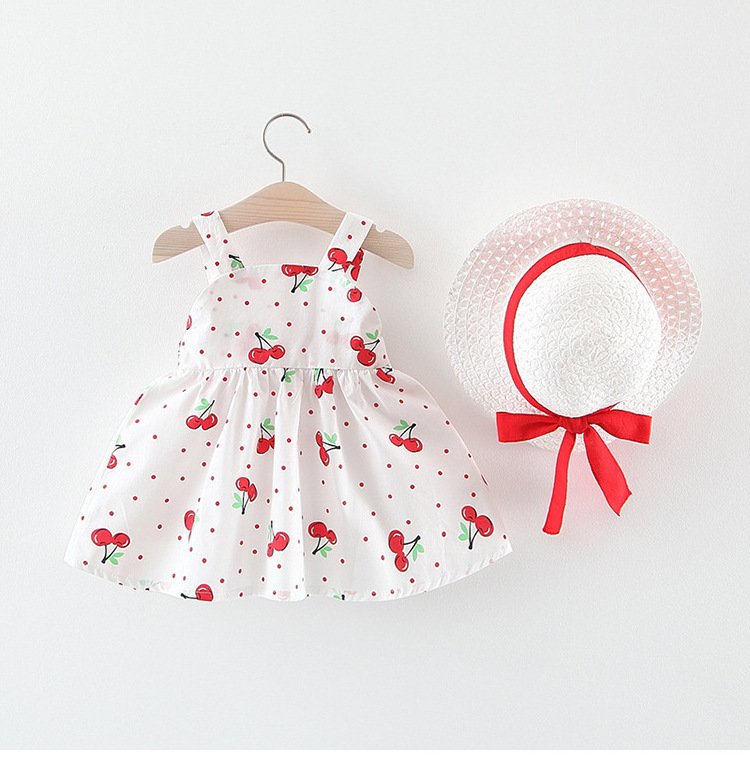 New Arrive Baby Girl Cherry Bow Dress Summer Princess Bow Hat Outfits Baby Girl Dress Princess Kids Clothes Wholesale