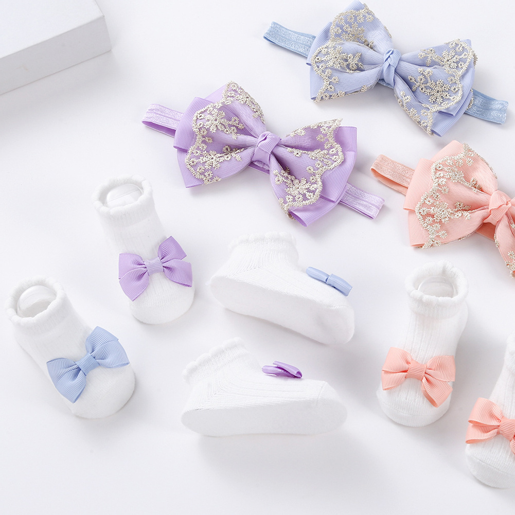 3Pcs/Set Leg Ruffled Cotton Baby Girls Kids Ribbon Bows Socks with Vintage Lace Toddlers Hair Headband