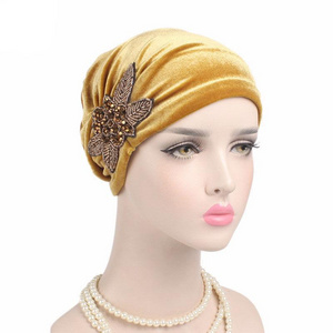 India Cap Ladies Velvet Hat Beanie Skullies Turban Chemo Cap with Beads Flower Headwear Hat Inner Elegant Muslim Hijab Women Hat