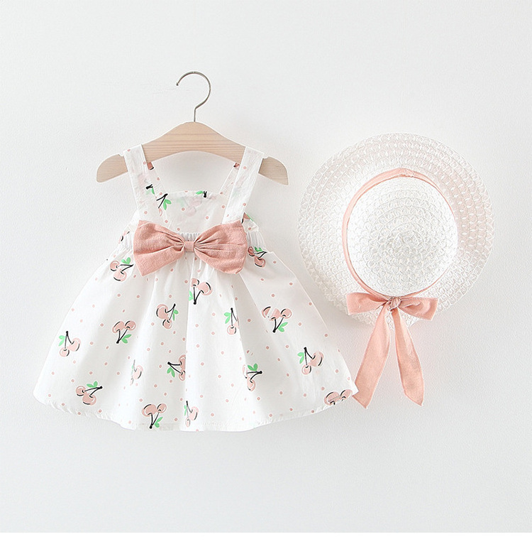 New Arrive Baby Girl Cherry Bow Dress Summer Princess Bow Hat Outfits Baby Girl Dress Princess Kids Clothes Wholesale