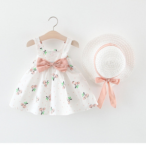 New Arrive Baby Girl Cherry Bow Dress Summer Princess Bow Hat Outfits Baby Girl Dress Princess Kids Clothes Wholesale