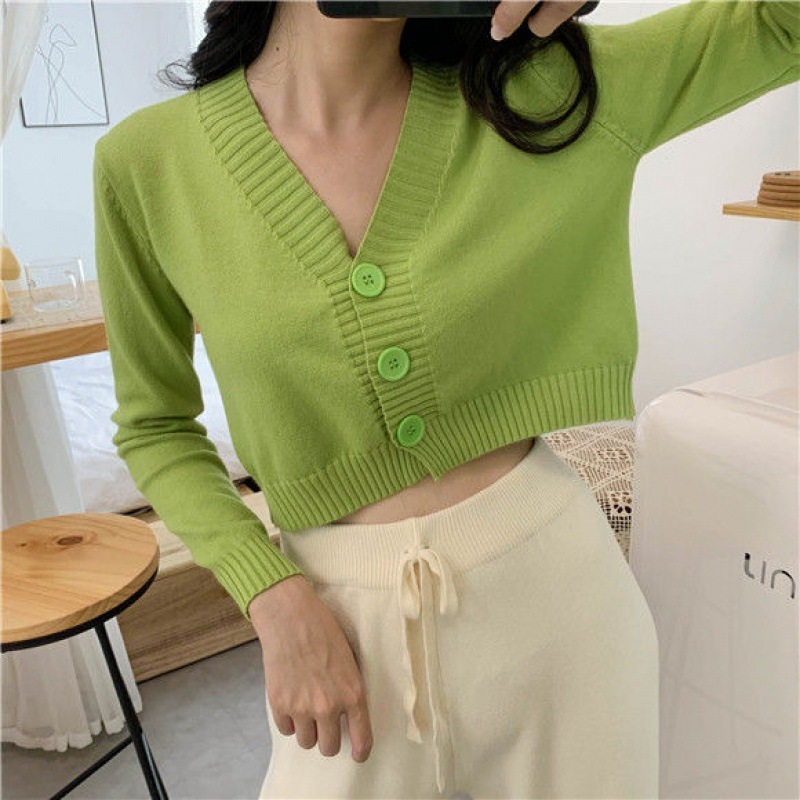 Knitted Crop Cardigan New 2021 Tops Women Korean Short Sweater Long sleeve V neck Green Blue