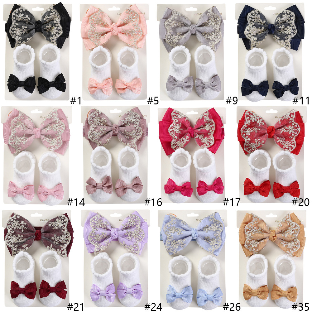 3Pcs/Set Leg Ruffled Cotton Baby Girls Kids Ribbon Bows Socks with Vintage Lace Toddlers Hair Headband