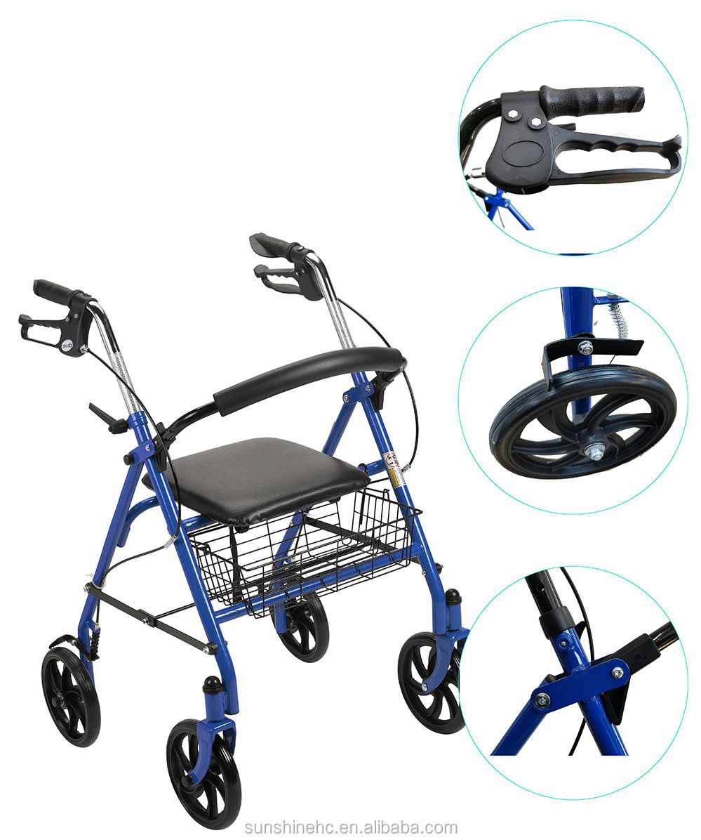 RO512 Lightweight Aluminum Mobility Seat Walker Basic Steel Folding Rollator Walker with Seat