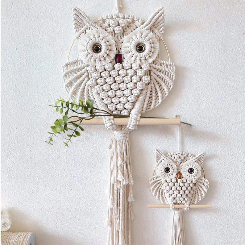 Boho Ornaments Handmade Woven Macrame Owl Wall Decor Hanging for Living Room Nursery Bedroom