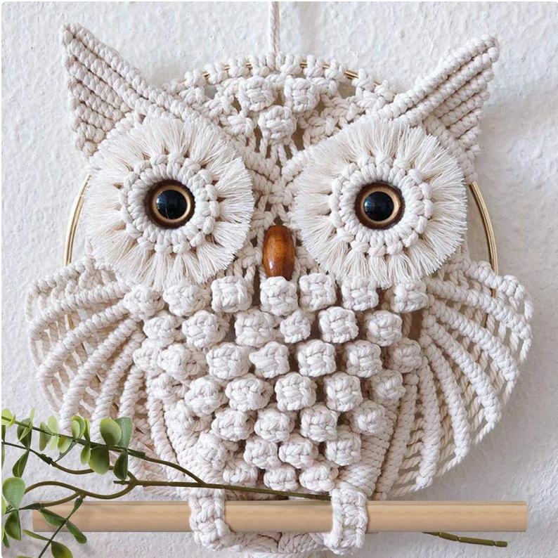 Boho Ornaments Handmade Woven Macrame Owl Wall Decor Hanging for Living Room Nursery Bedroom