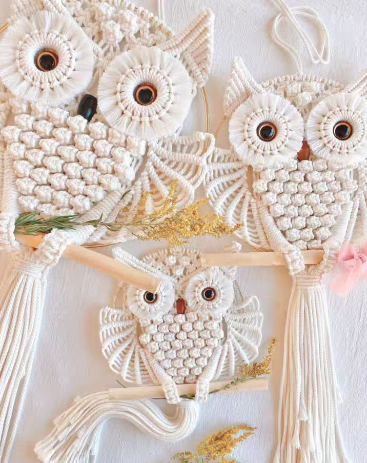 Boho Ornaments Handmade Woven Macrame Owl Wall Decor Hanging for Living Room Nursery Bedroom