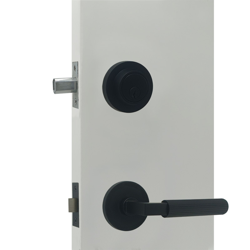 Contemporary matte black entrance function knurled design door lever with deadbolt door lock sets