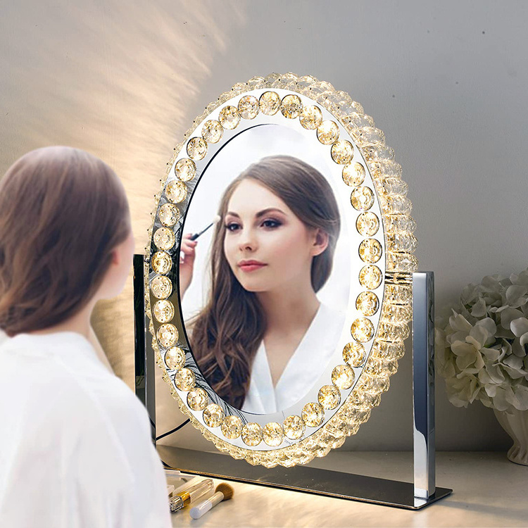 Diamond Luxury Hollywood Style Crystal Crushed LED Light Illuminated Round LED Makeup Mirror Vanity Mirror