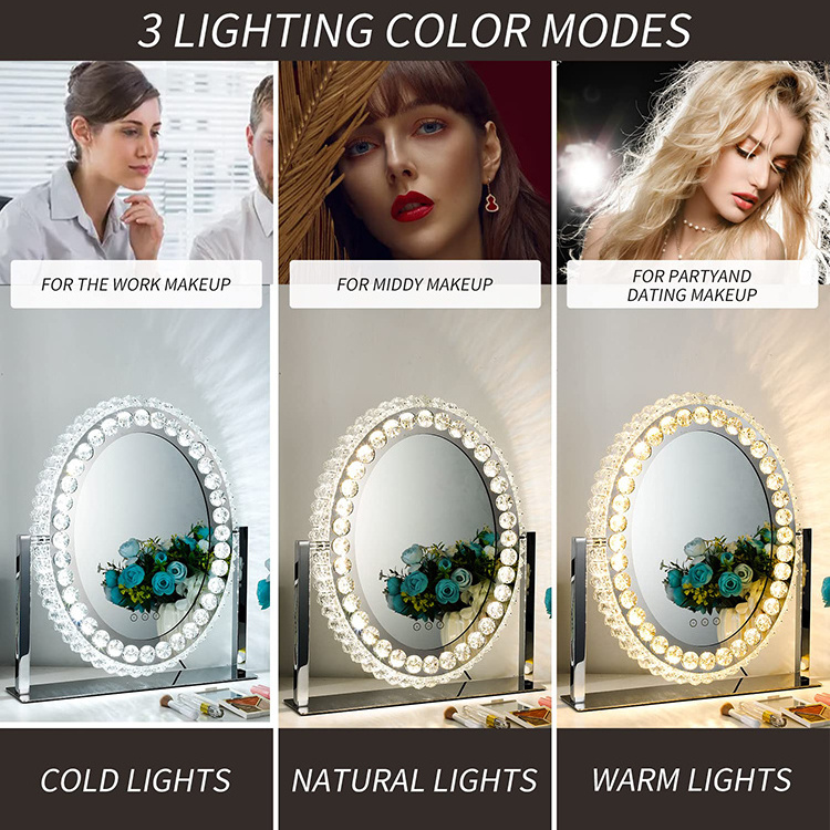 Diamond Luxury Hollywood Style Crystal Crushed LED Light Illuminated Round LED Makeup Mirror Vanity Mirror