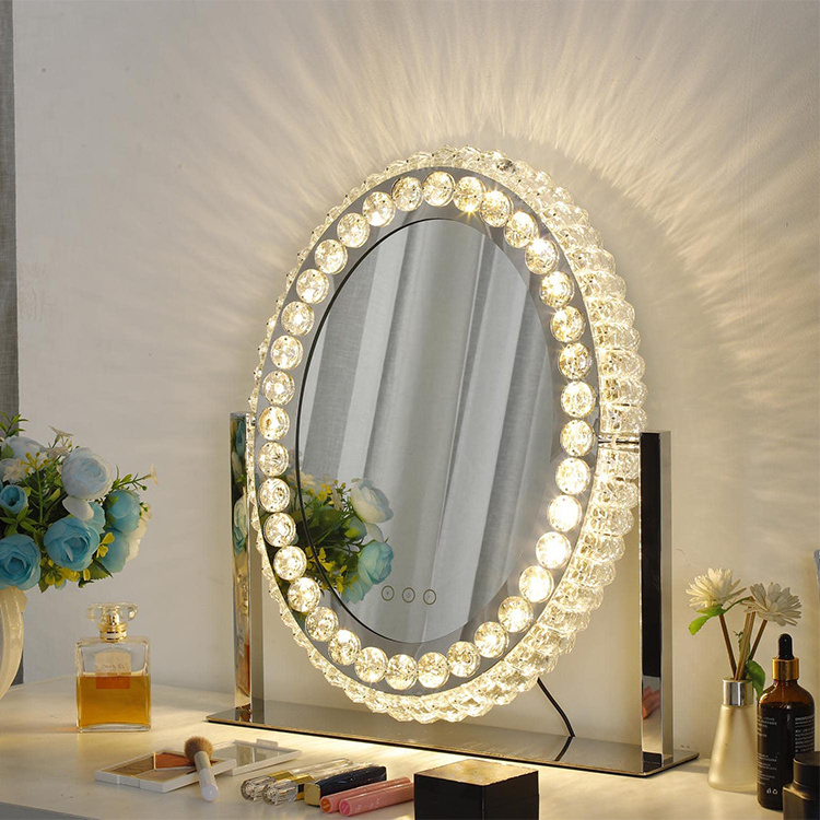 Diamond Luxury Hollywood Style Crystal Crushed LED Light Illuminated Round LED Makeup Mirror Vanity Mirror