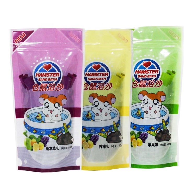 Custom Plastic Laminated Poly Stand Up Doypack Zipper Lock Pet Care Hamster Bath Sand Packaging Pouch Bag